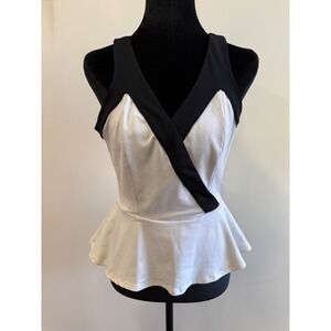 Bebe Womens Black White Colorblock Surplice V-Neck Peplum Top Size Medium